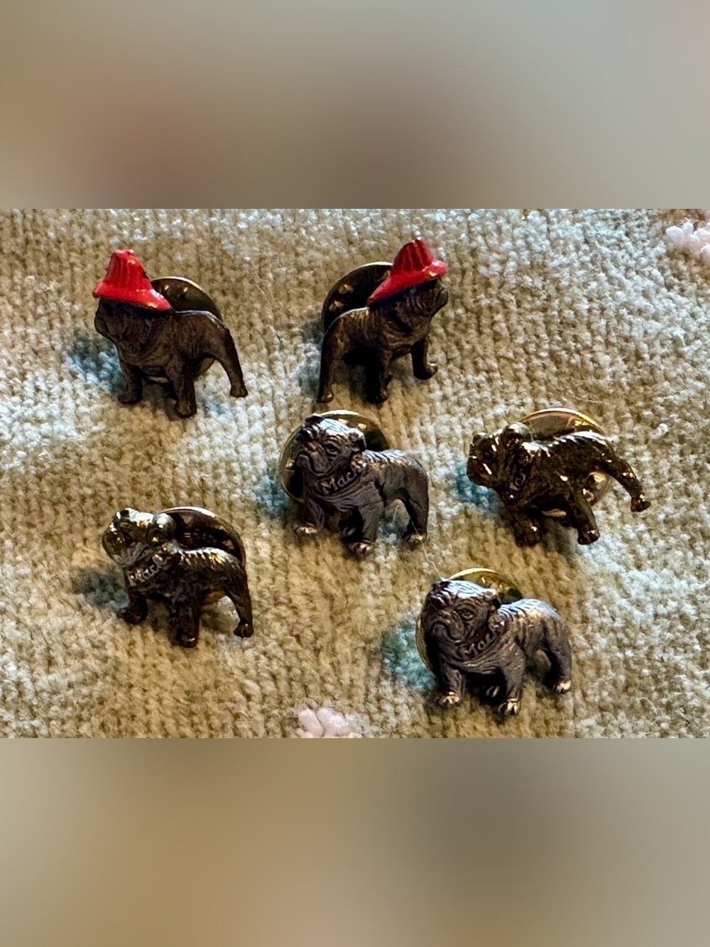 6 Vintage Mack Truck Bulldog Lapel Pins 2 Wearing Red enamel Fire hats